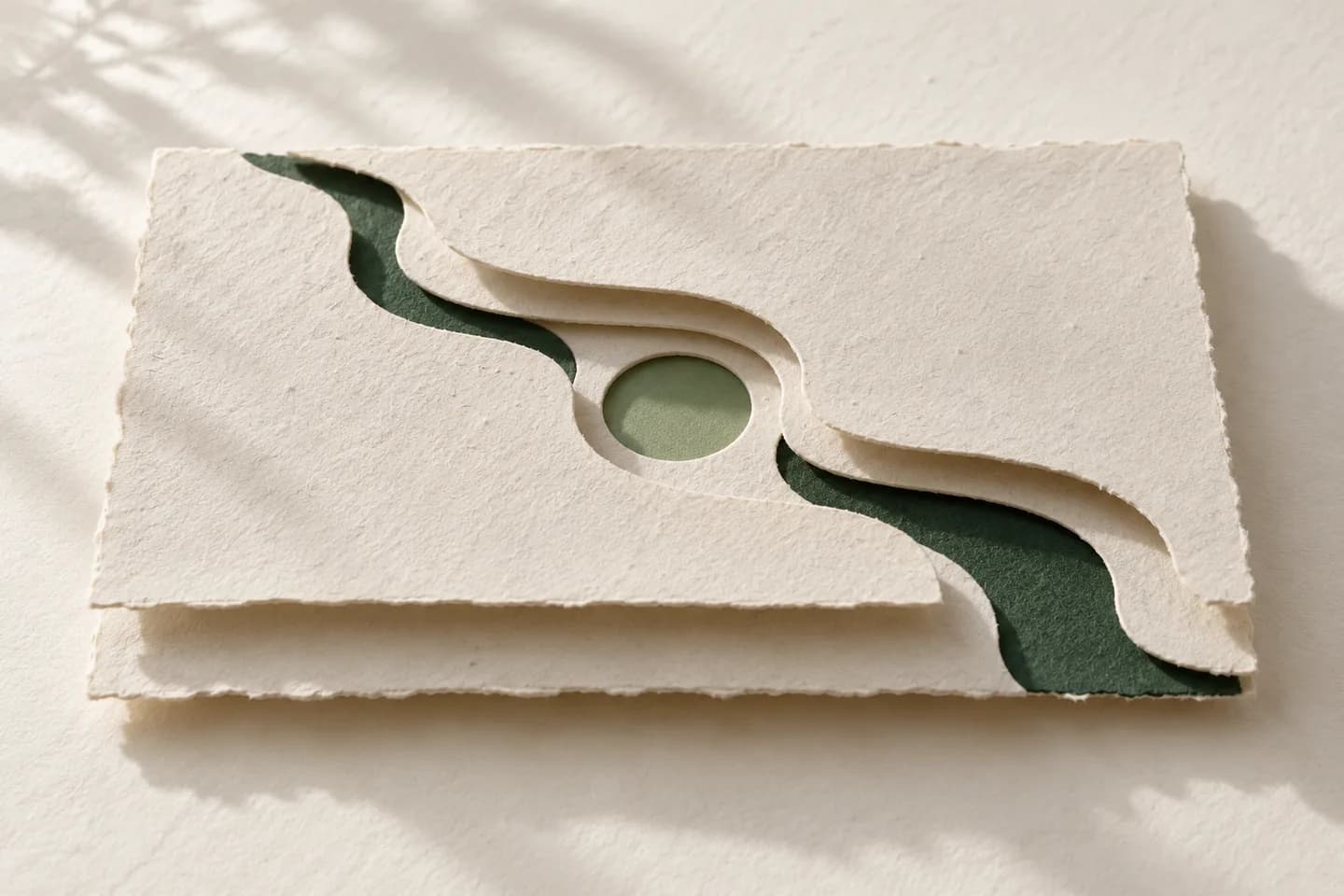 Layered ivory paper with a green path and an aligned opening, an abstract study of clear discovery.