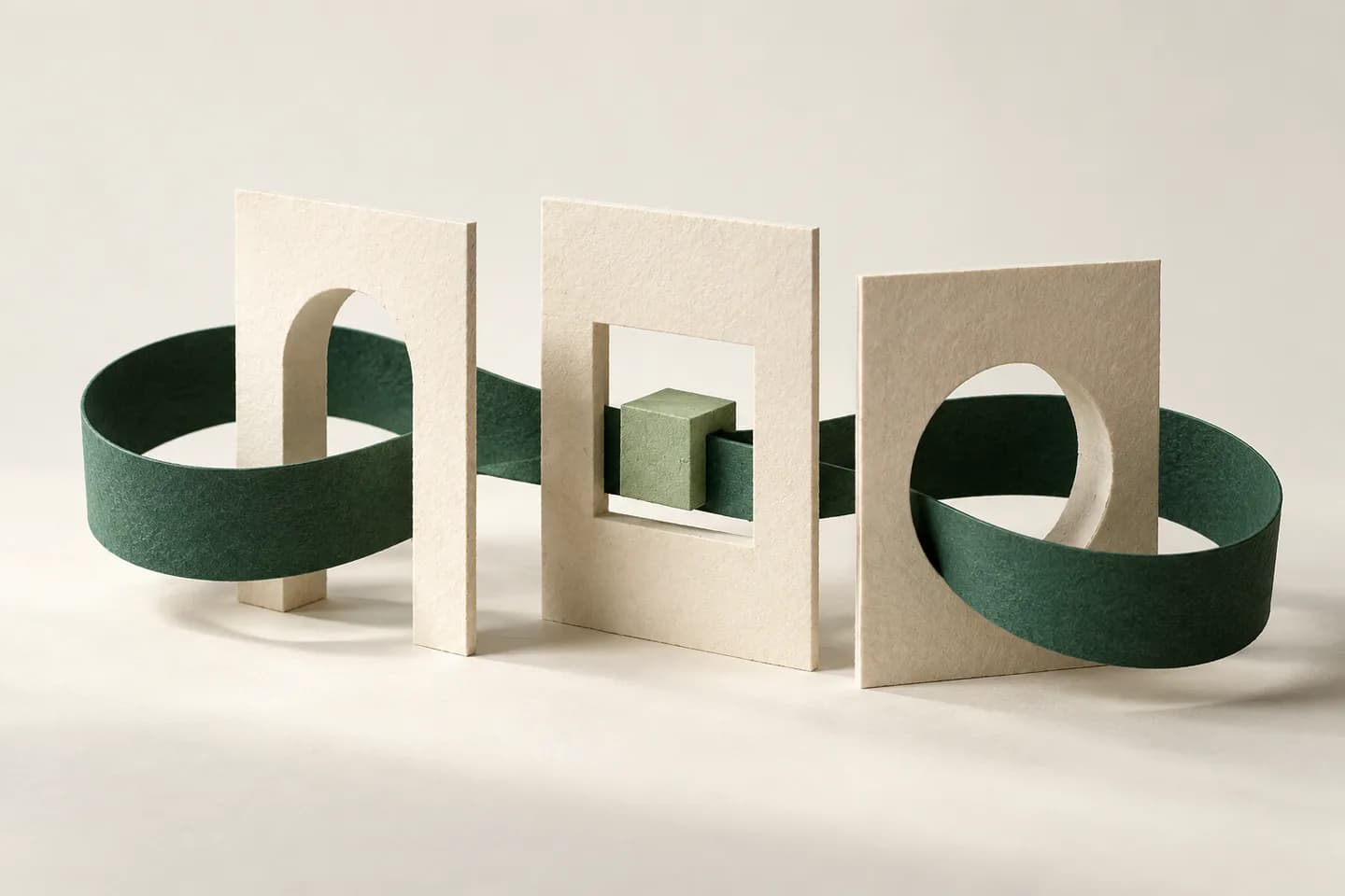 A forest-green paper loop passing through three ivory frames, with a small aligned block at its centre.